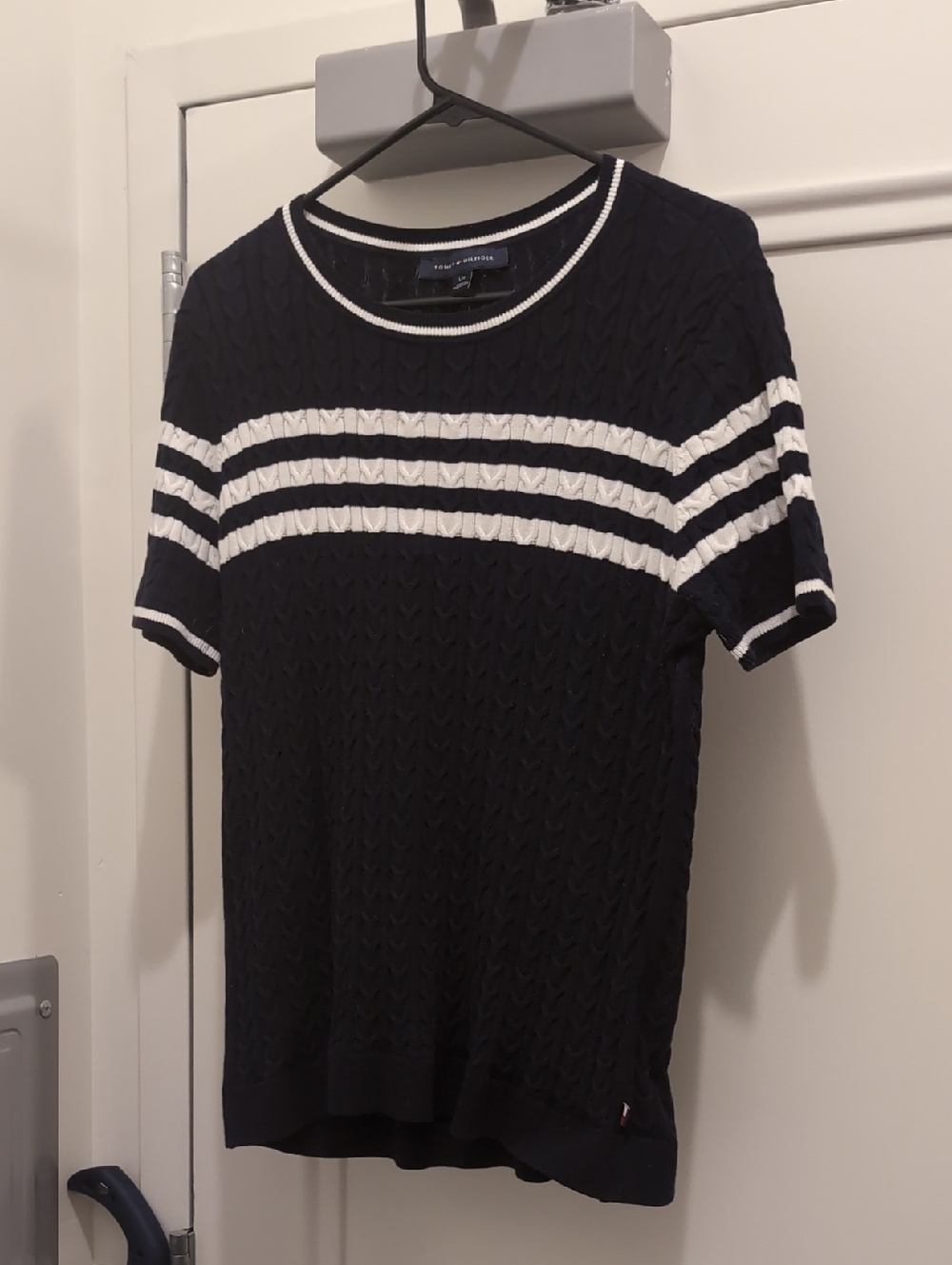 Tommy Hilfiger Navy Short-Sleeve Cable Knit Sweater with White Stripes